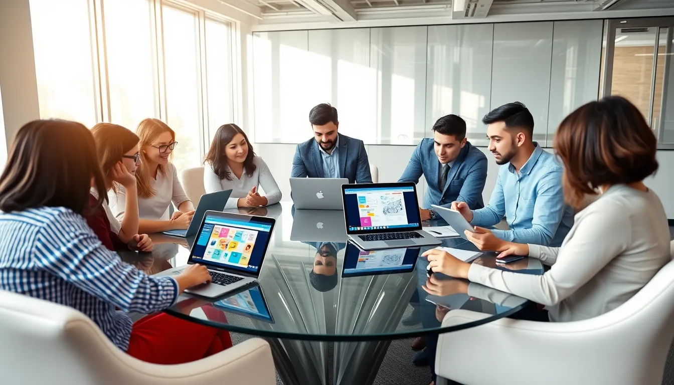 diverse team collaborating on low code no code platforms in a modern office.