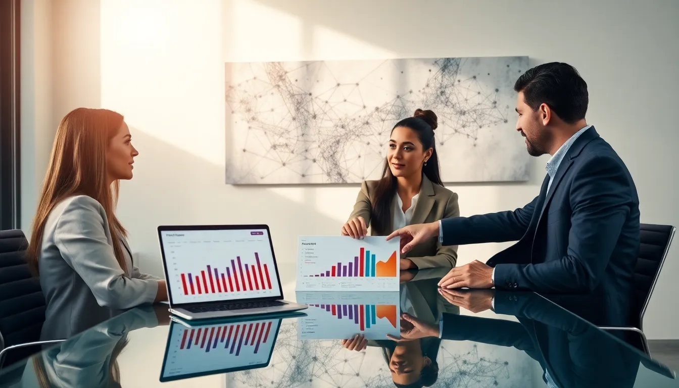 diverse team discussing telecommunications data in a modern office.