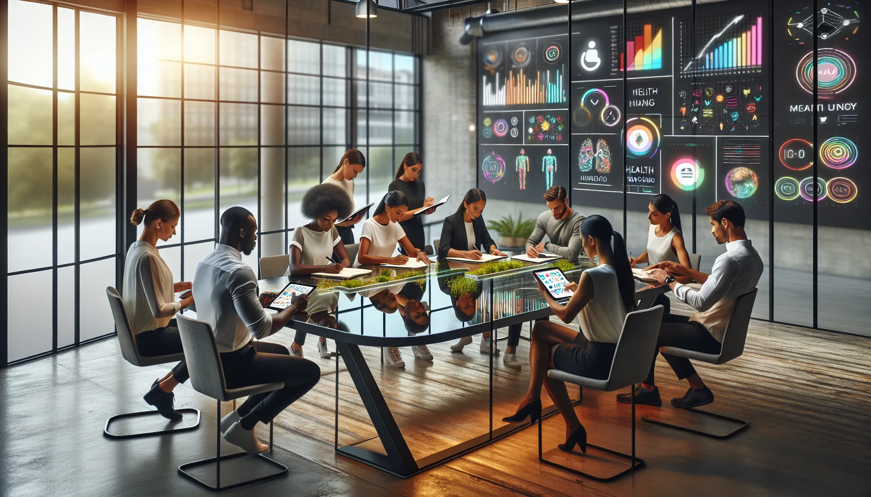 diverse team in a modern office discussing wellness tracking tools.