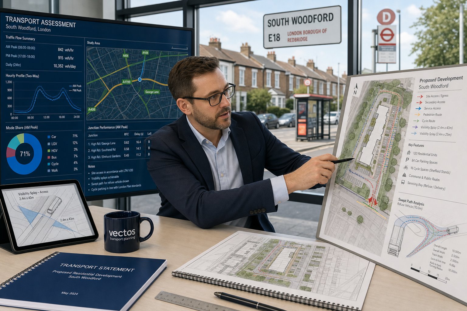 Traffic engineer reviewing a South Woodford development transport plan.