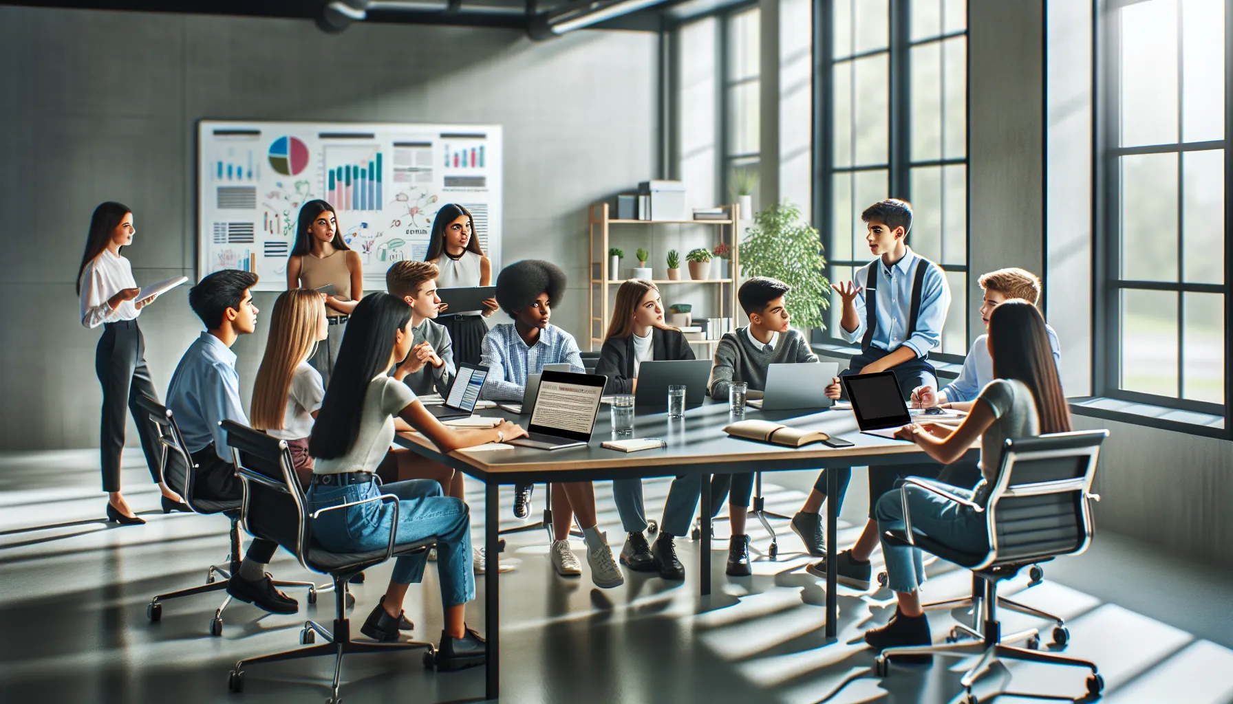 diverse students discussing AP Government in a modern classroom.