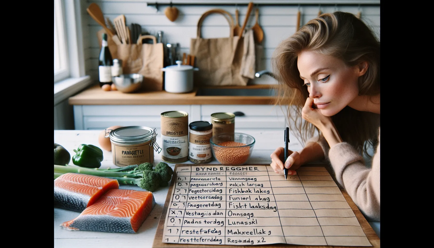 Norwegian woman planning a heart-healthy weekly menu with seasonal foods.