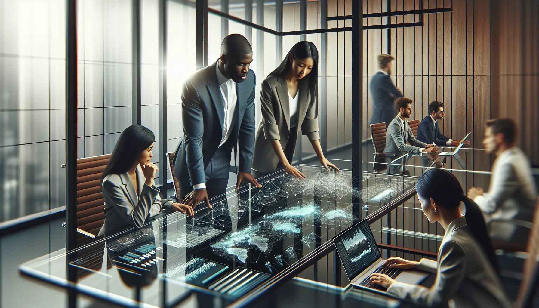 diverse team analyzing network traffic in a modern office.