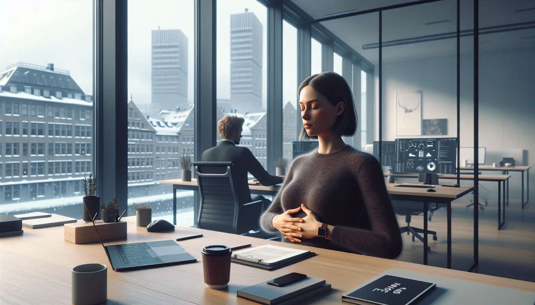 Woman in a norwegian office visualizing calmly amid work notifications and pressure.