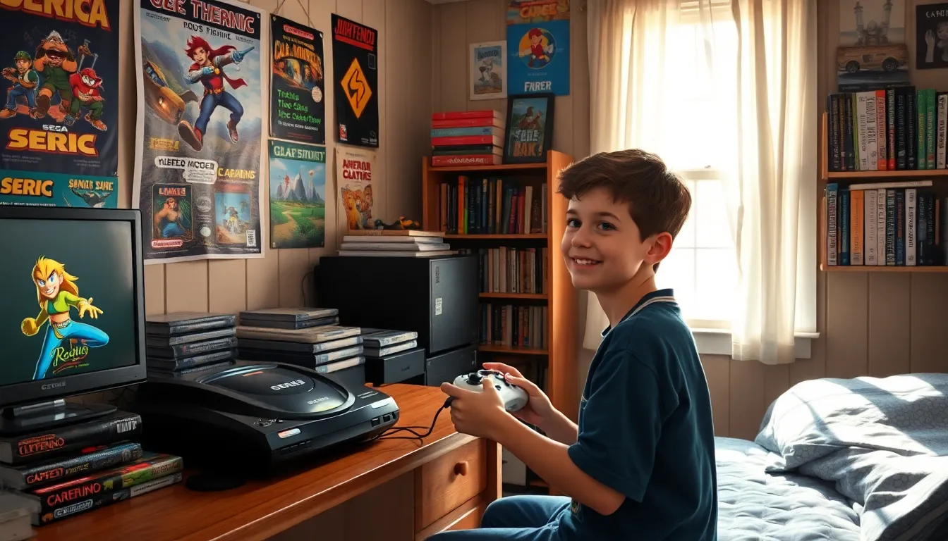 a young boy playing Sega Genesis in a cozy bedroom.