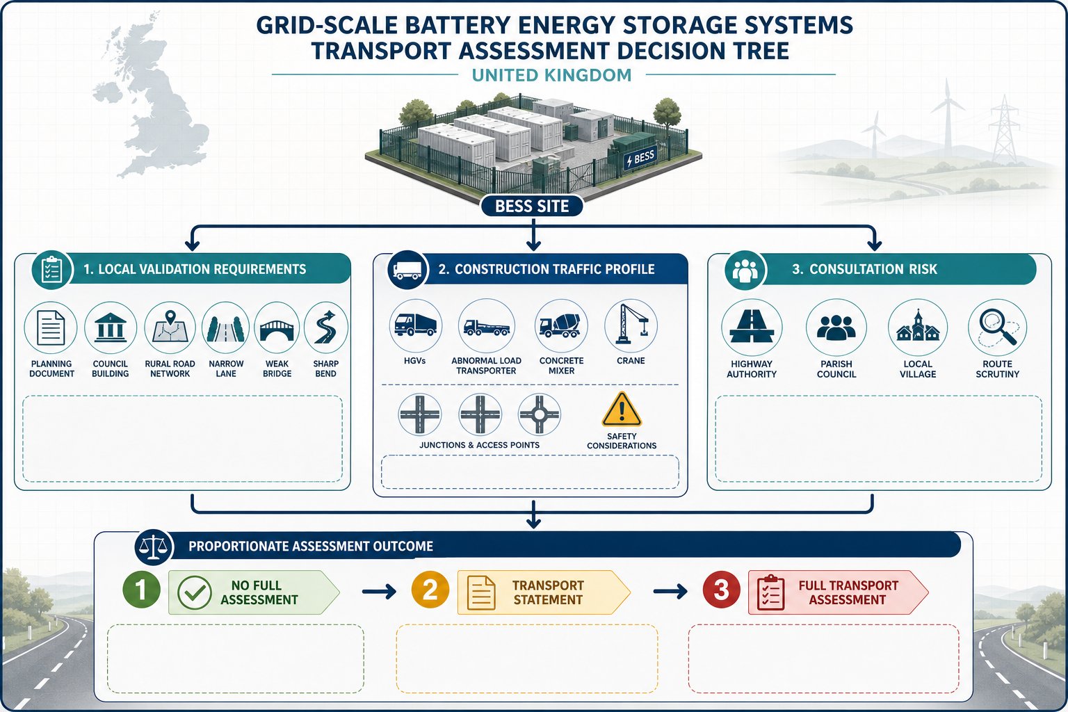 UK infographic showing when battery storage projects need a transport assessment.