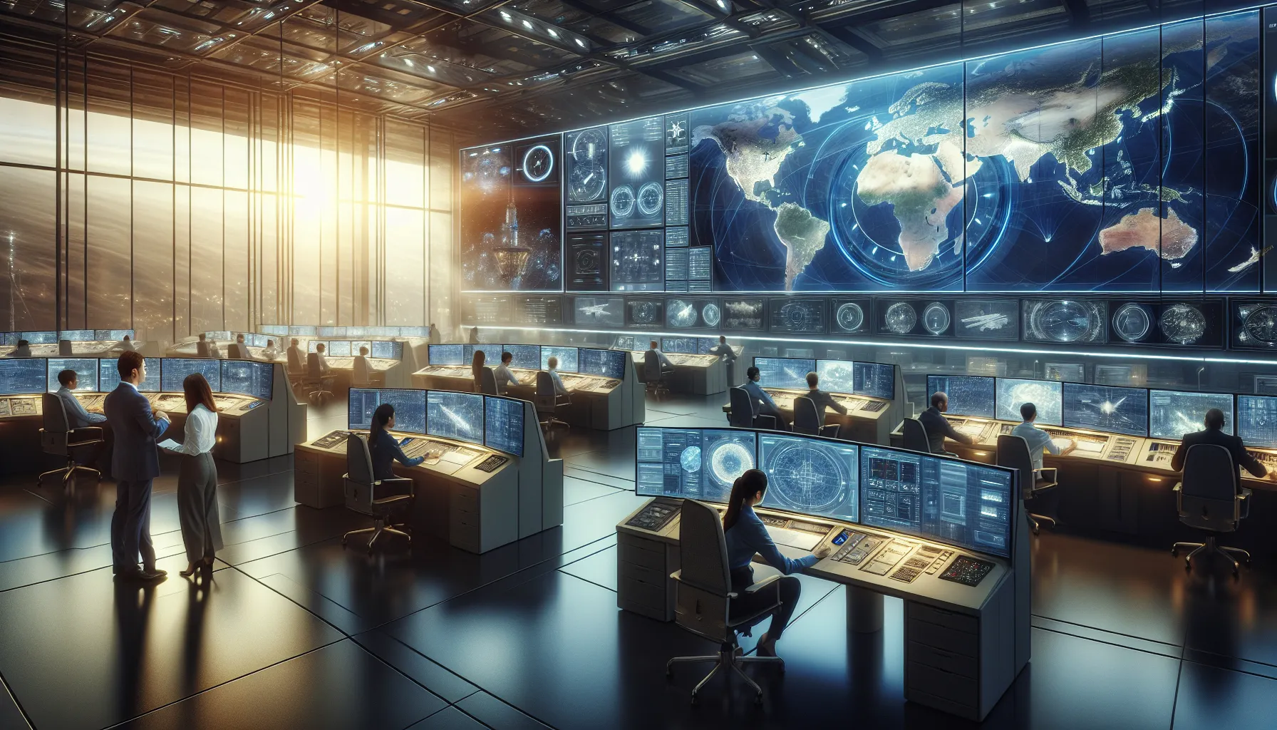 diverse professionals in a high-tech communication control room.
