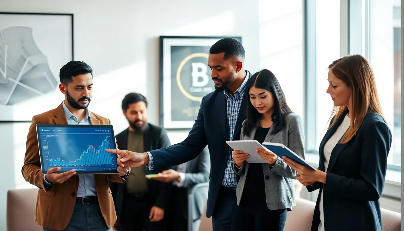 diverse professionals collaborating in a modern office on cryptocurrency.