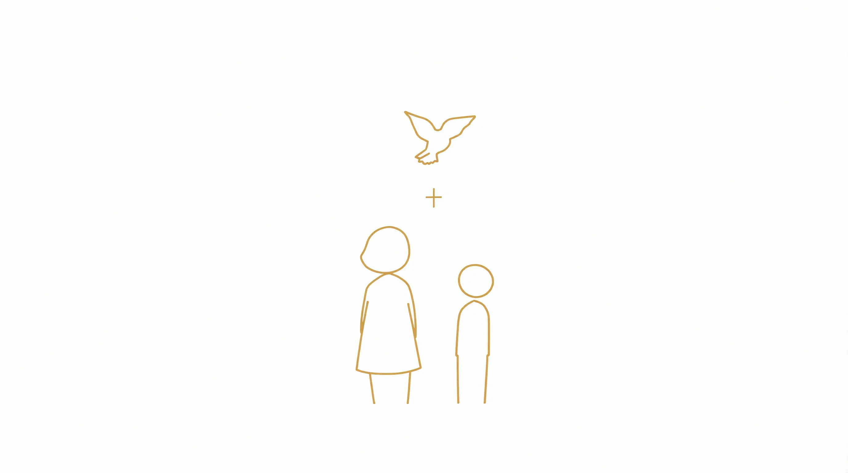 Godmother and confirmand silhouettes with dove symbol on white background.