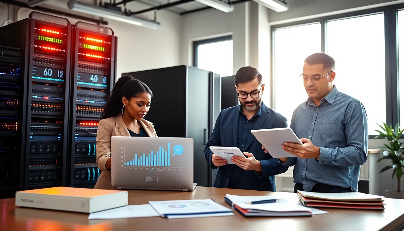 two professionals discussing hardware and analytics in a modern office.