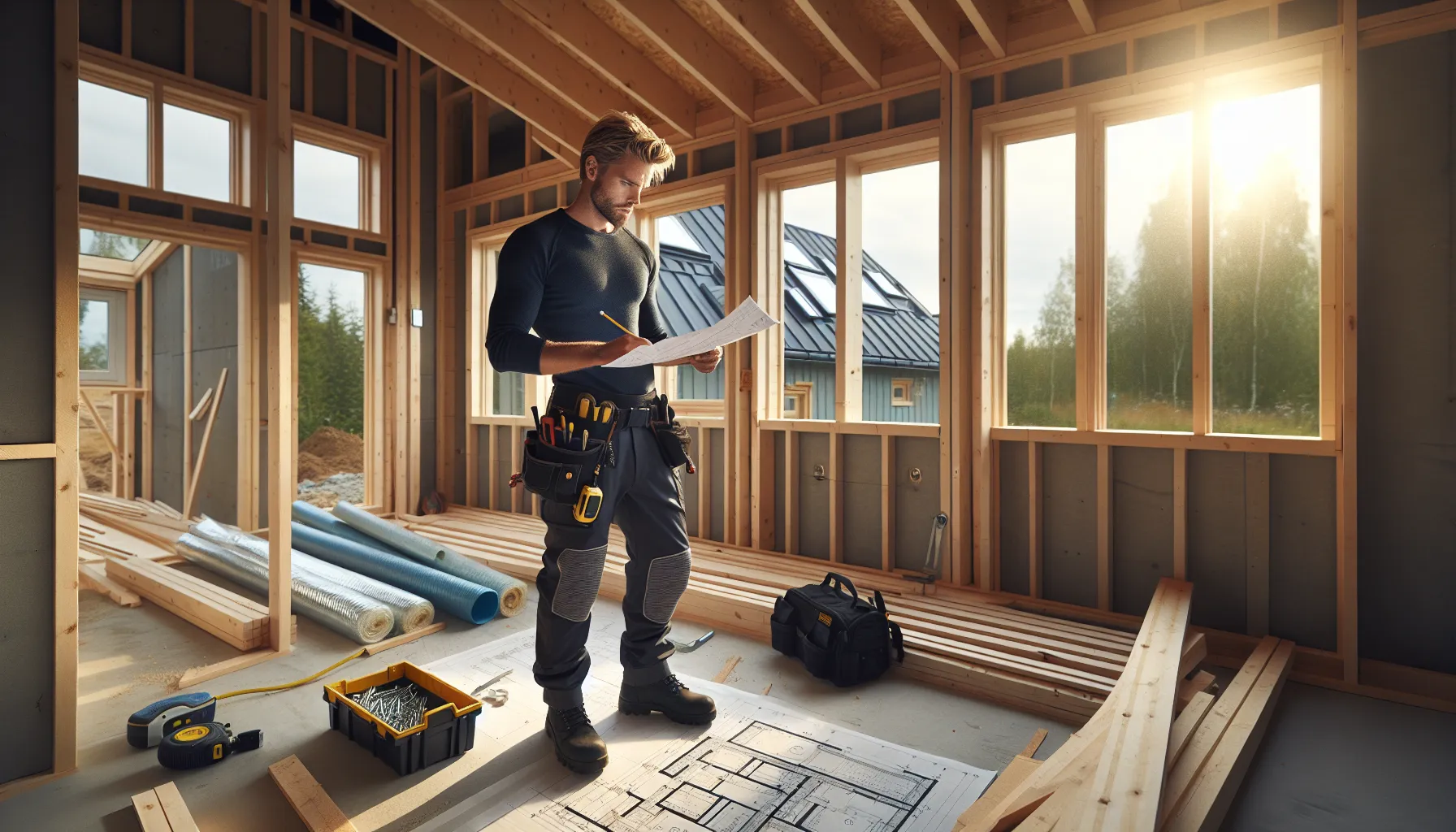 Når er det bedre å bruke profesjonelle snekkertjenester? 2 Professional norwegian carpenter inspecting structural wall and plans in a house renovation.