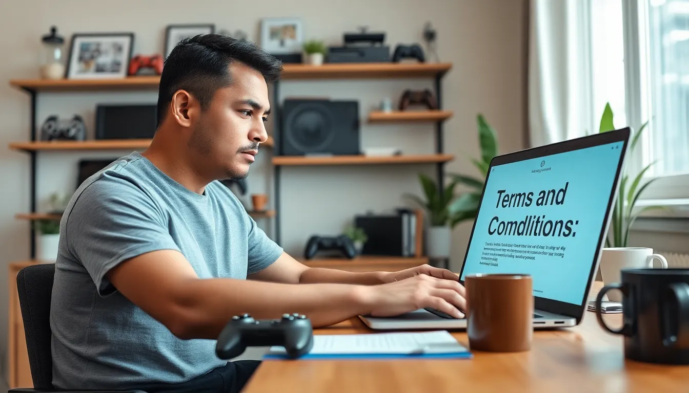 A man reading Terms and Conditions on a laptop in a cozy home office.