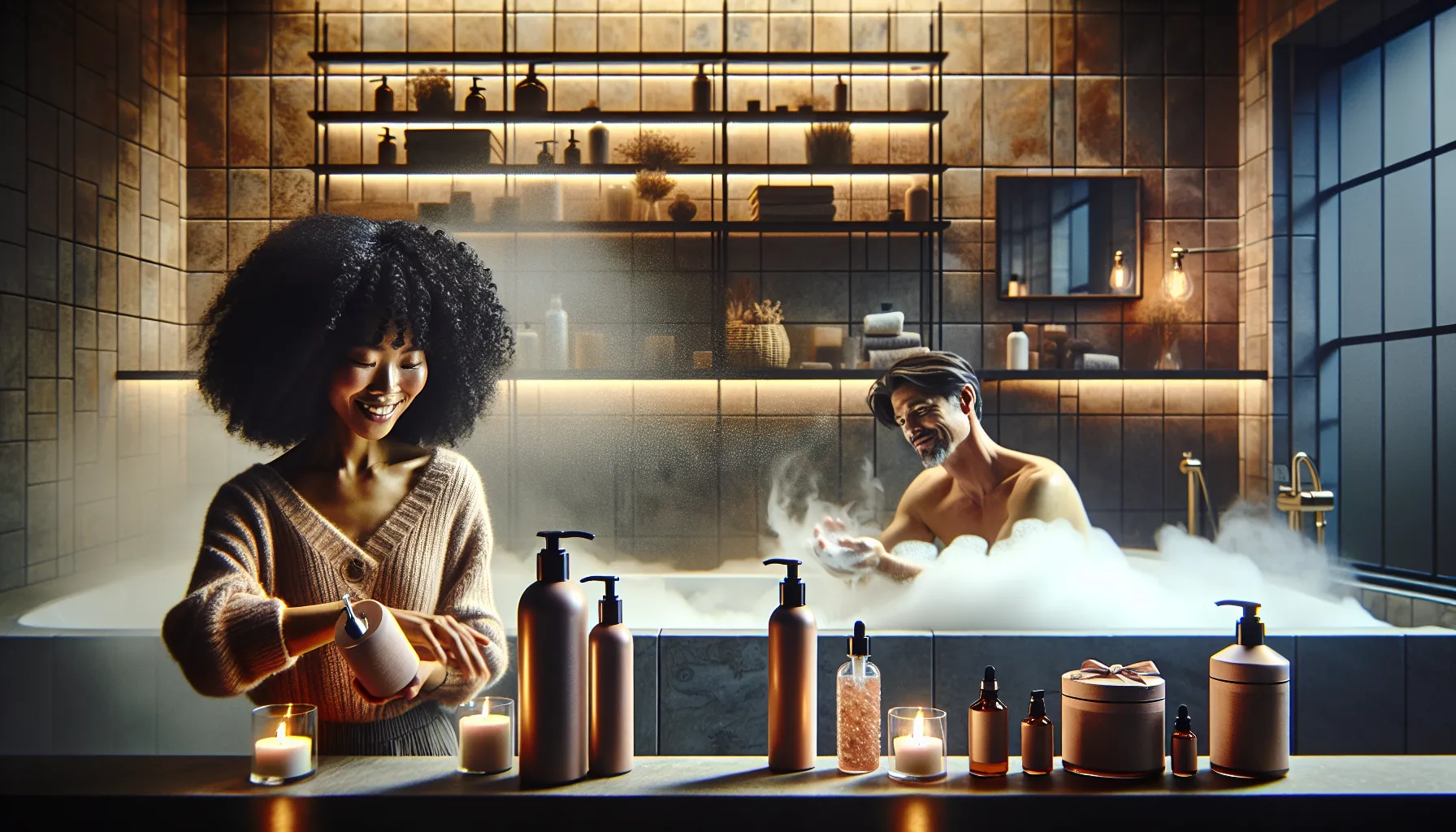 diverse people enjoying Suihkushsmpoo products in a modern bathroom.