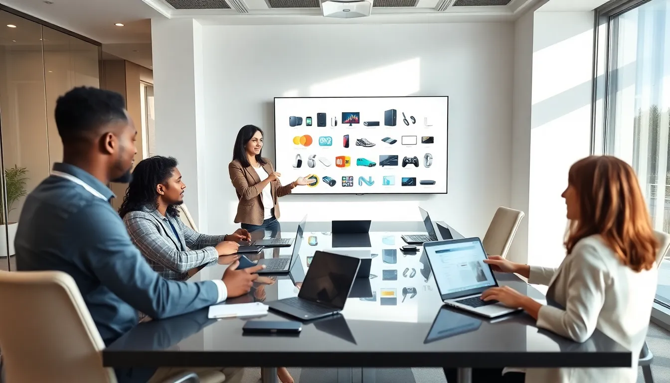 diverse team collaborating on consumer electronics in a modern office.