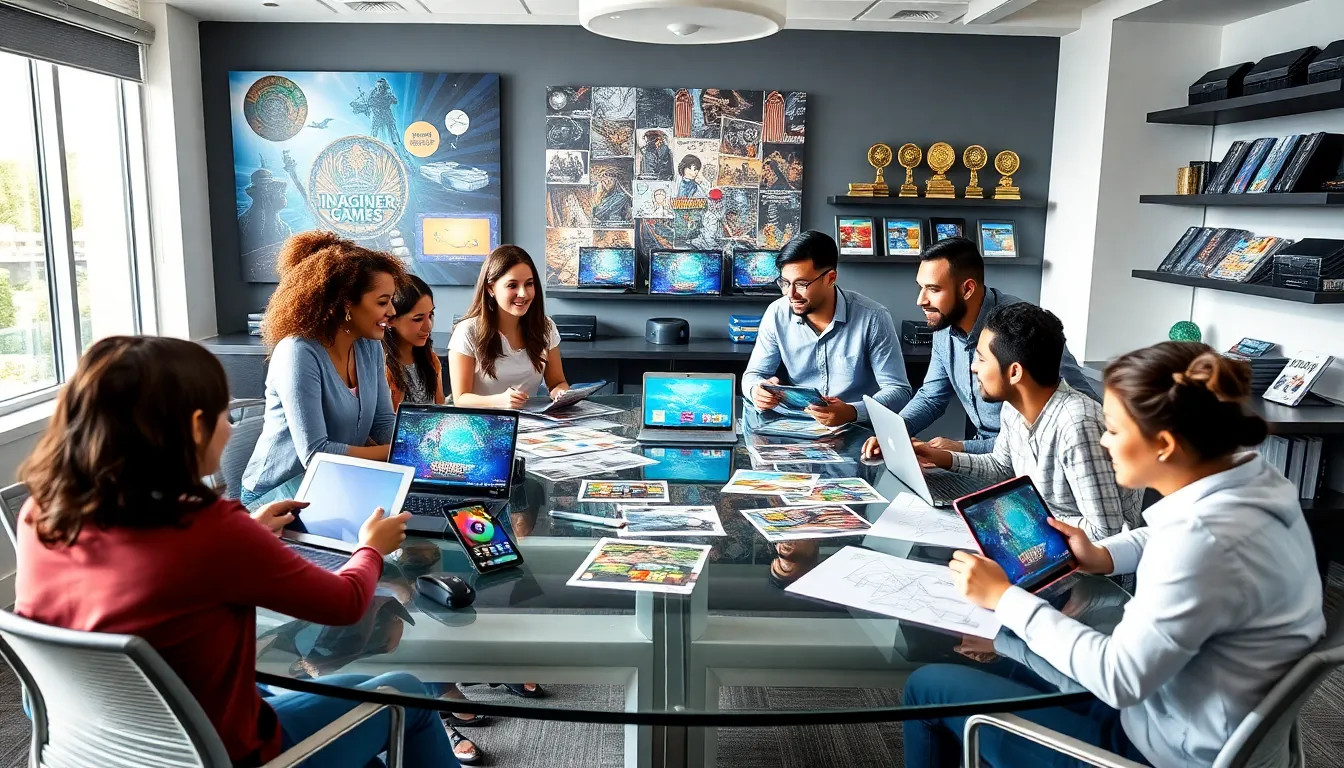 diverse team discussing game design in a modern office.