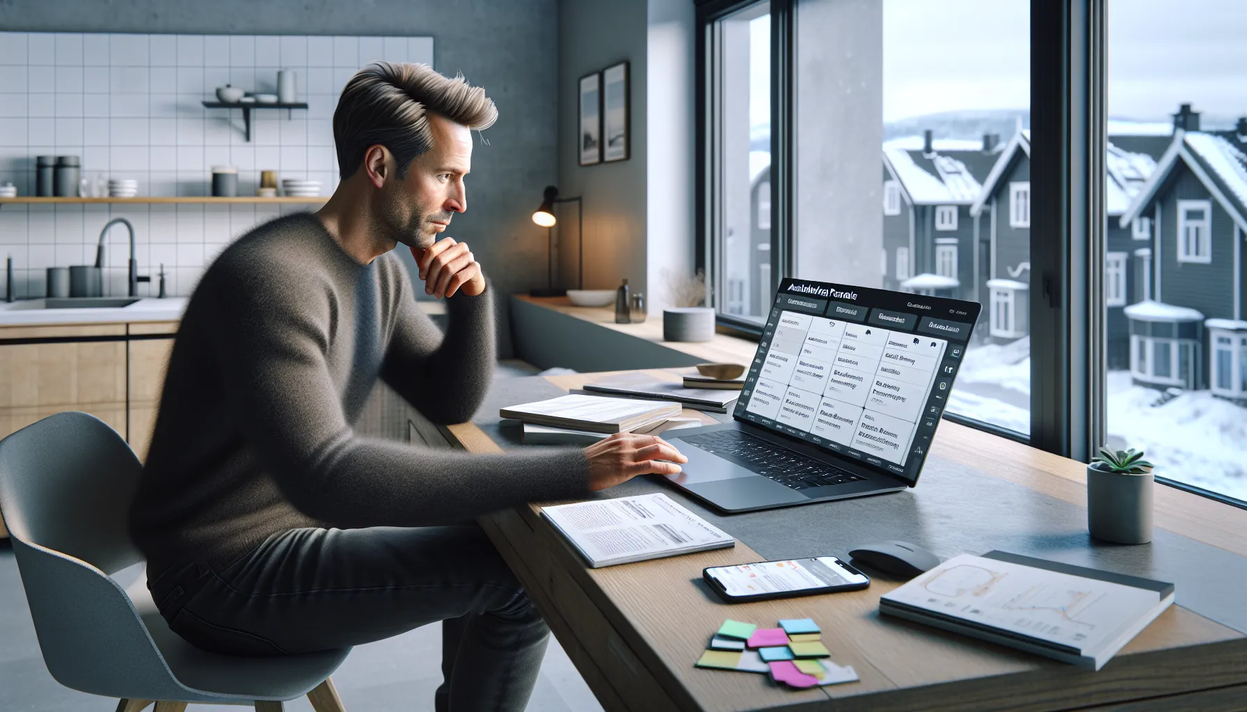 Norwegian landlord comparing digital rental platforms on a laptop in a modern home office.