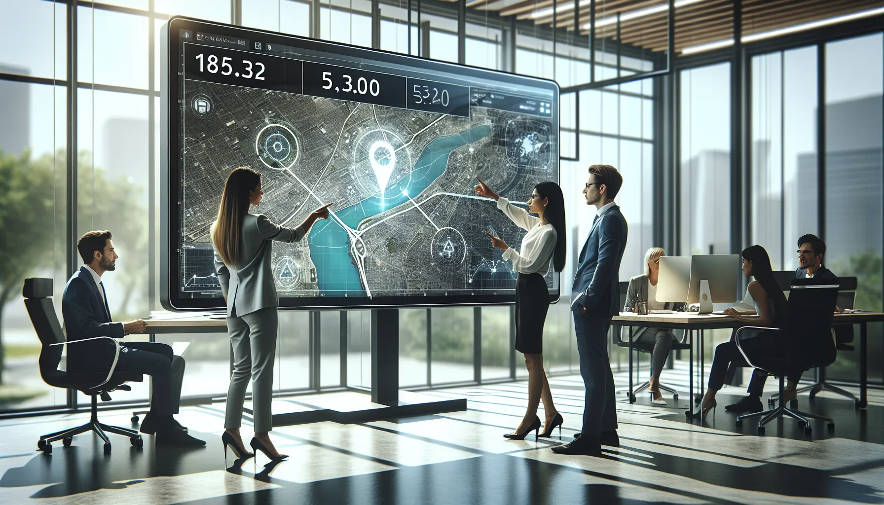 Professionals analyzing digital map coordinates in a modern office.