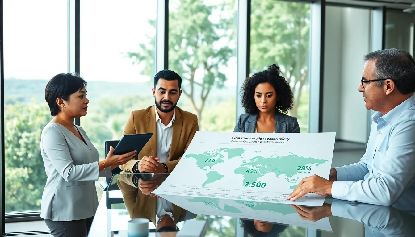 professionals collaborating on plant conservation in a modern office.