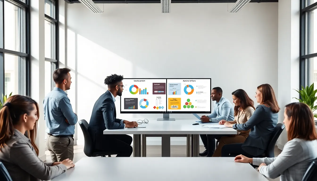 diverse professionals discussing various computer programs in a modern office.