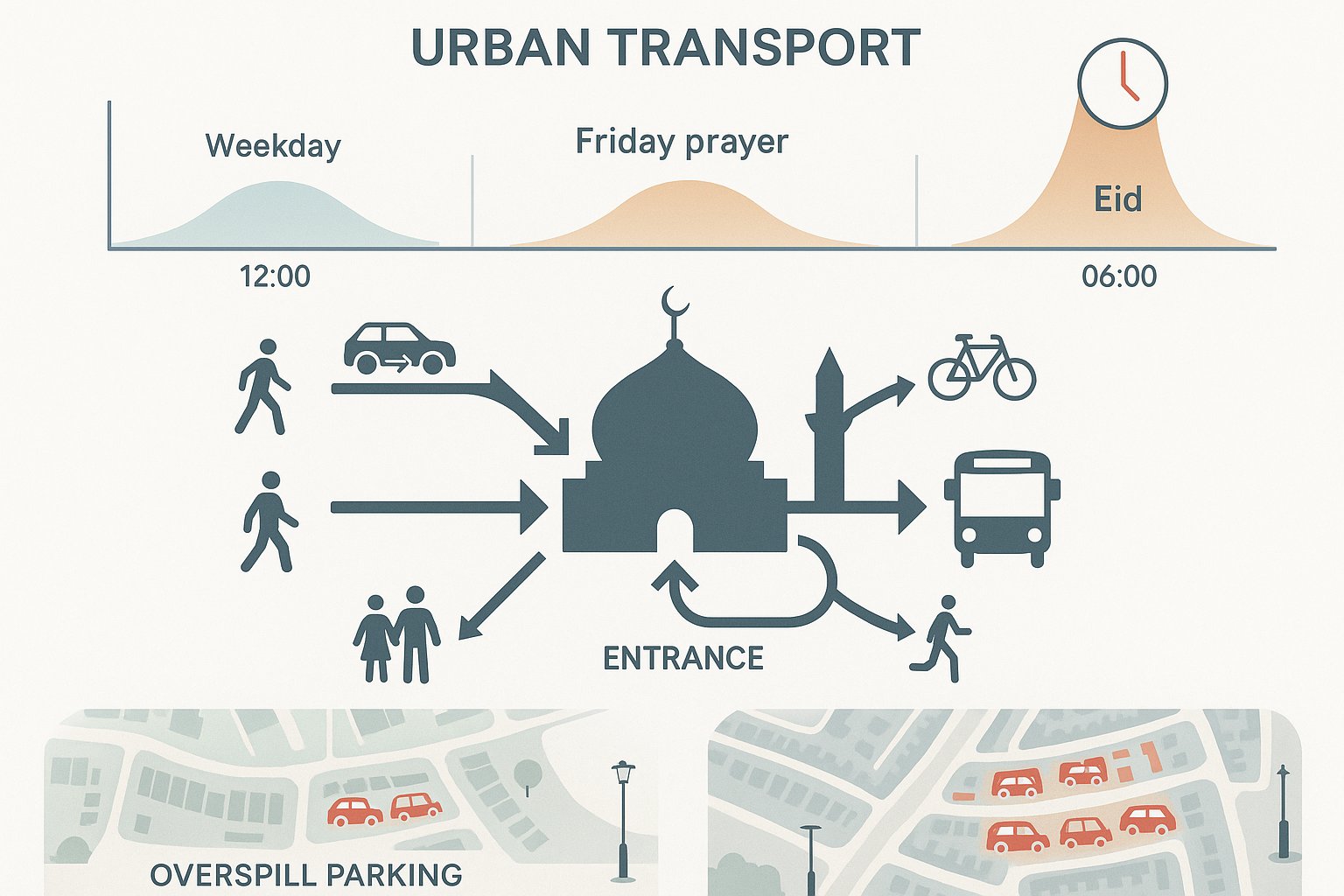 Infographic of mosque travel peaks, drop-offs, and nearby parking pressure in UK streets.