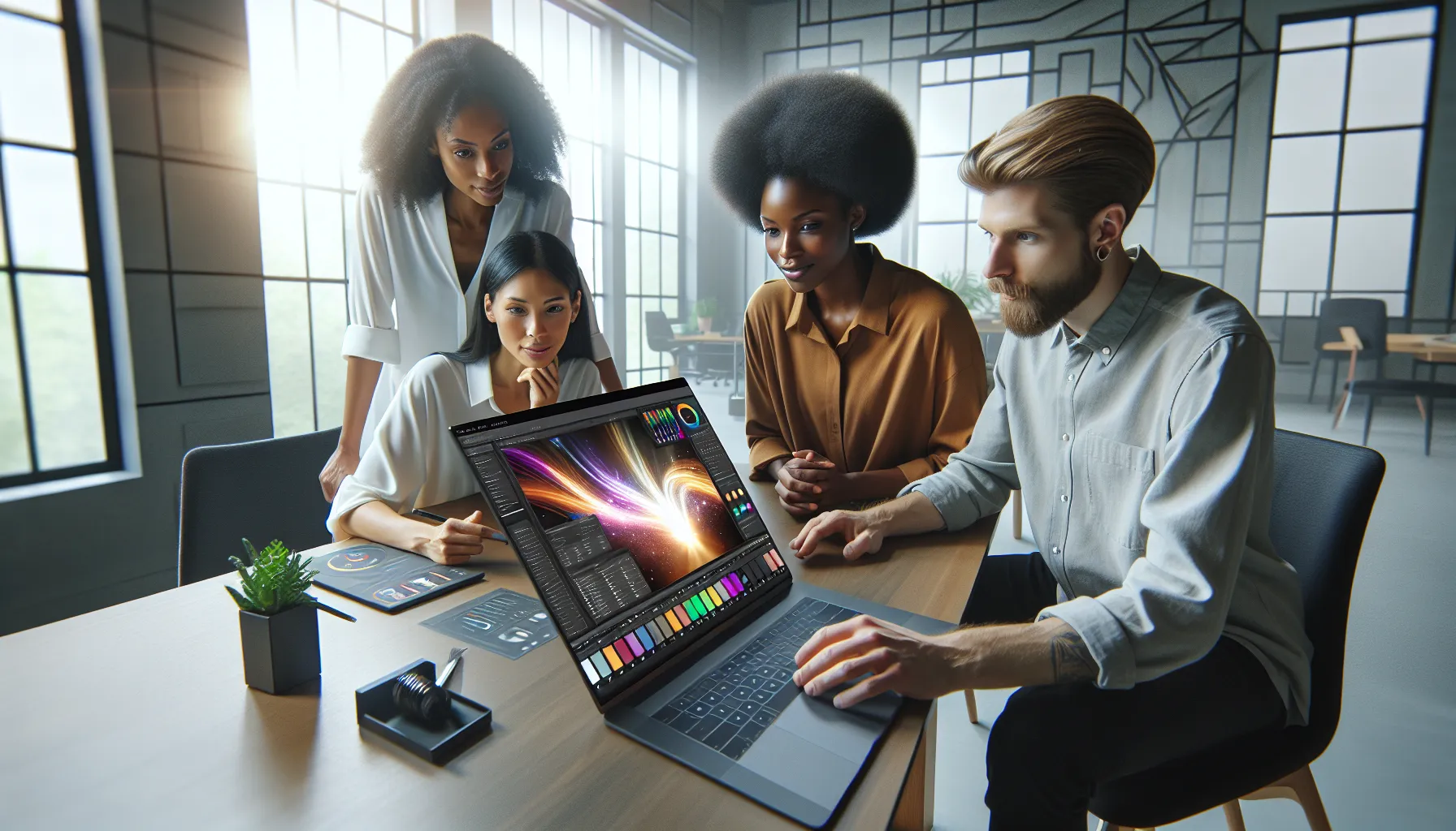 professionals collaborating around a laptop displaying Vivid2201 Apk.
