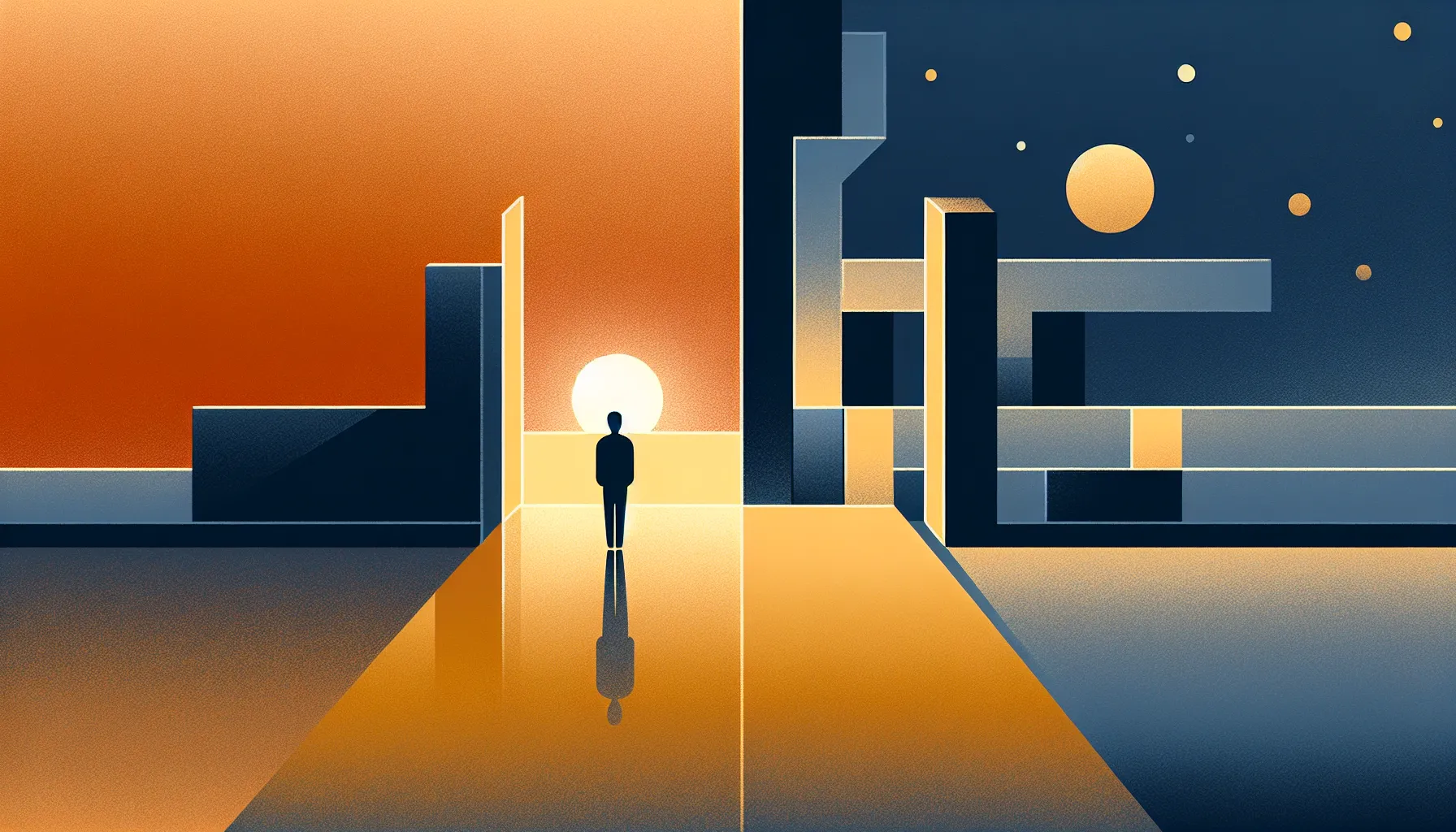 A contemplative figure standing between traditional and modern architectural elements at twilight