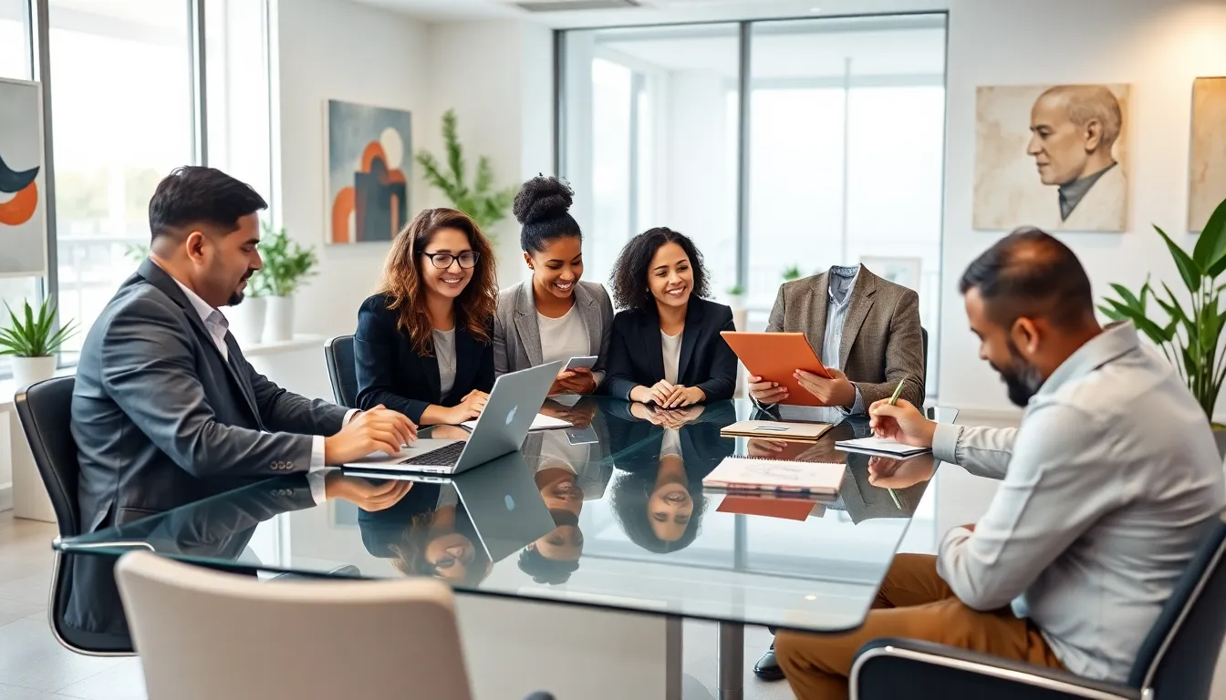 diverse professionals collaborating in a modern office setting.
