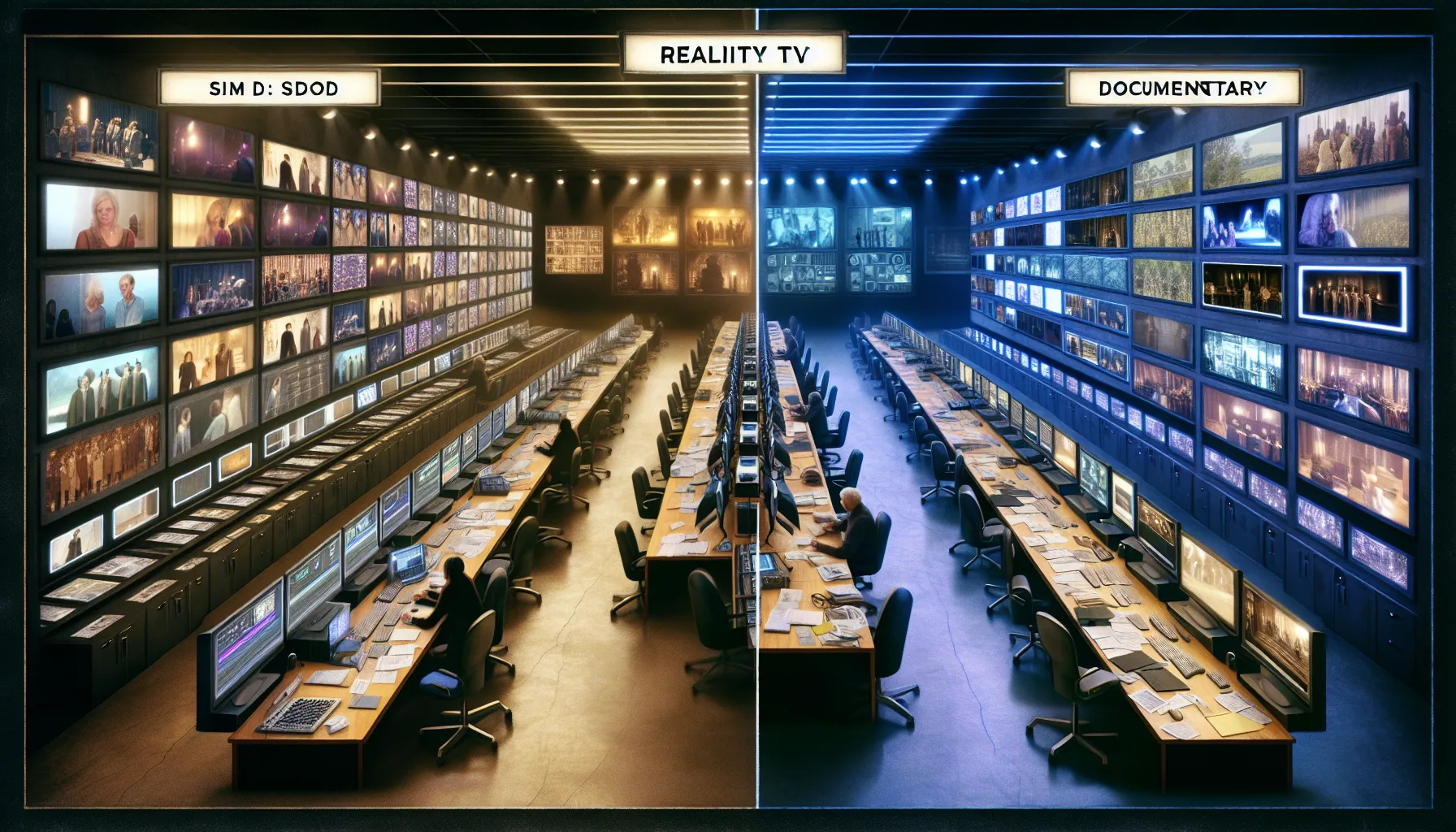 An editing studio contrasting reality TV and documentary production styles.