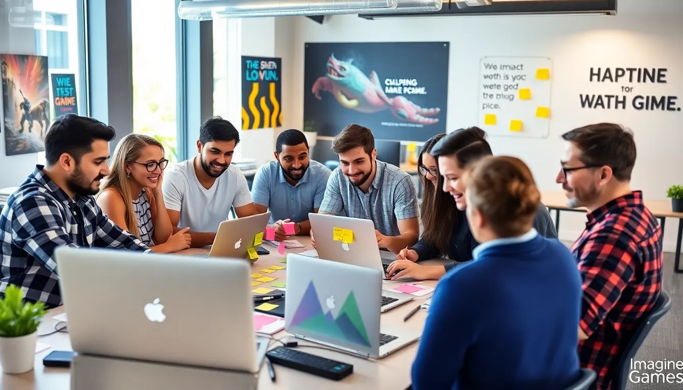 diverse game developers collaborating in a modern office setting.