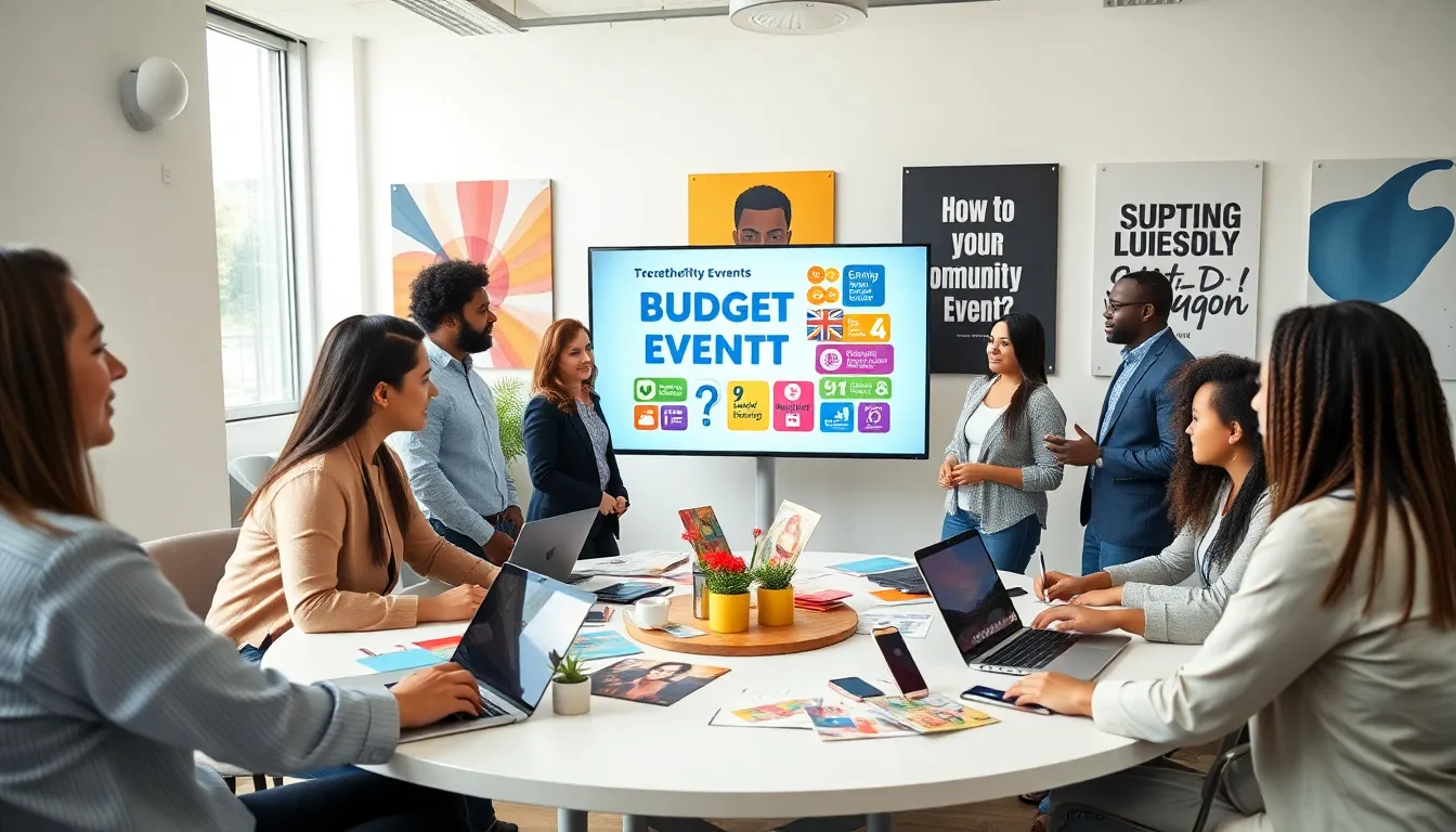 diverse group collaborating for budget-friendly event planning.