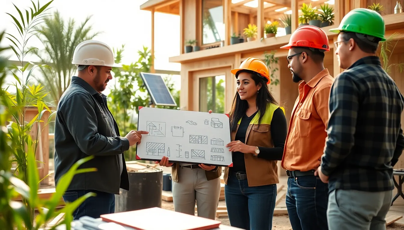 diverse builders discussing sustainable construction at a modern site.