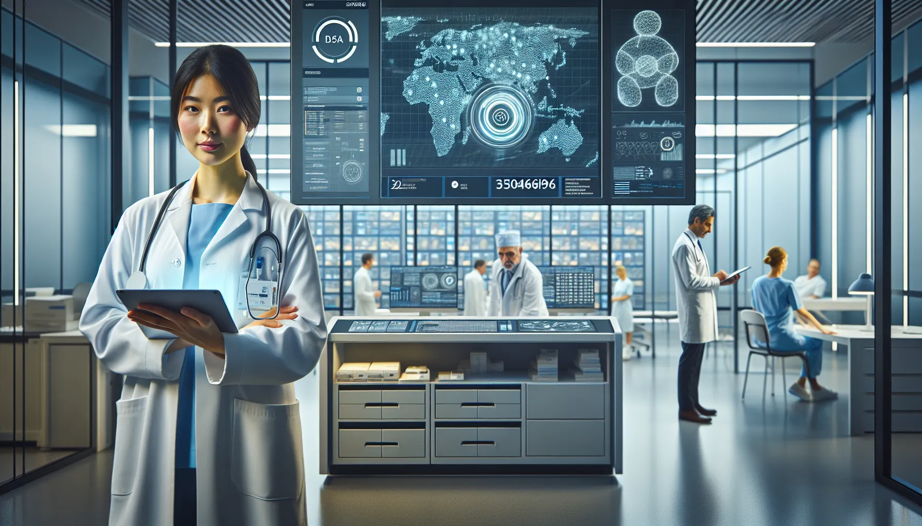 healthcare team managing patient records with digital devices in a modern office.