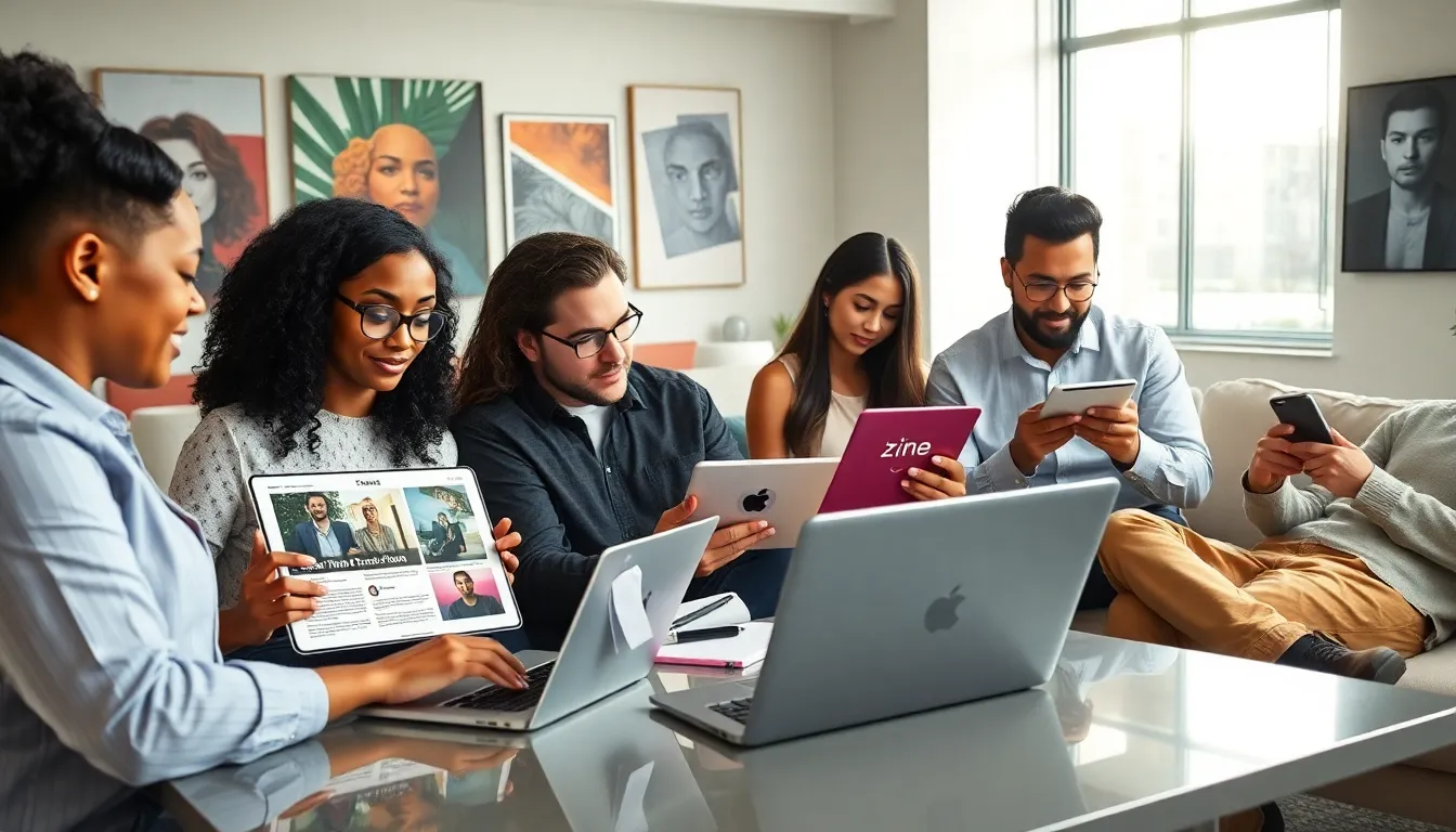 diverse team creating digital zines in a modern workspace.
