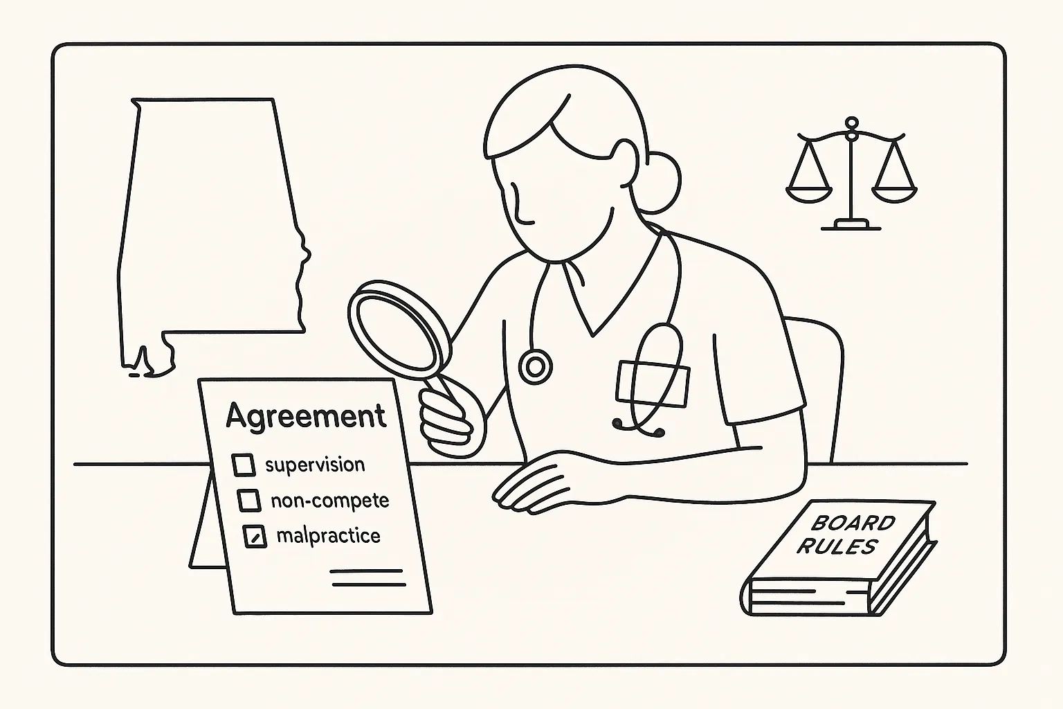 Nurse practitioner examining a contract over an Alabama map with justice scales of Alabama Nurse Practitioner Contract Review.