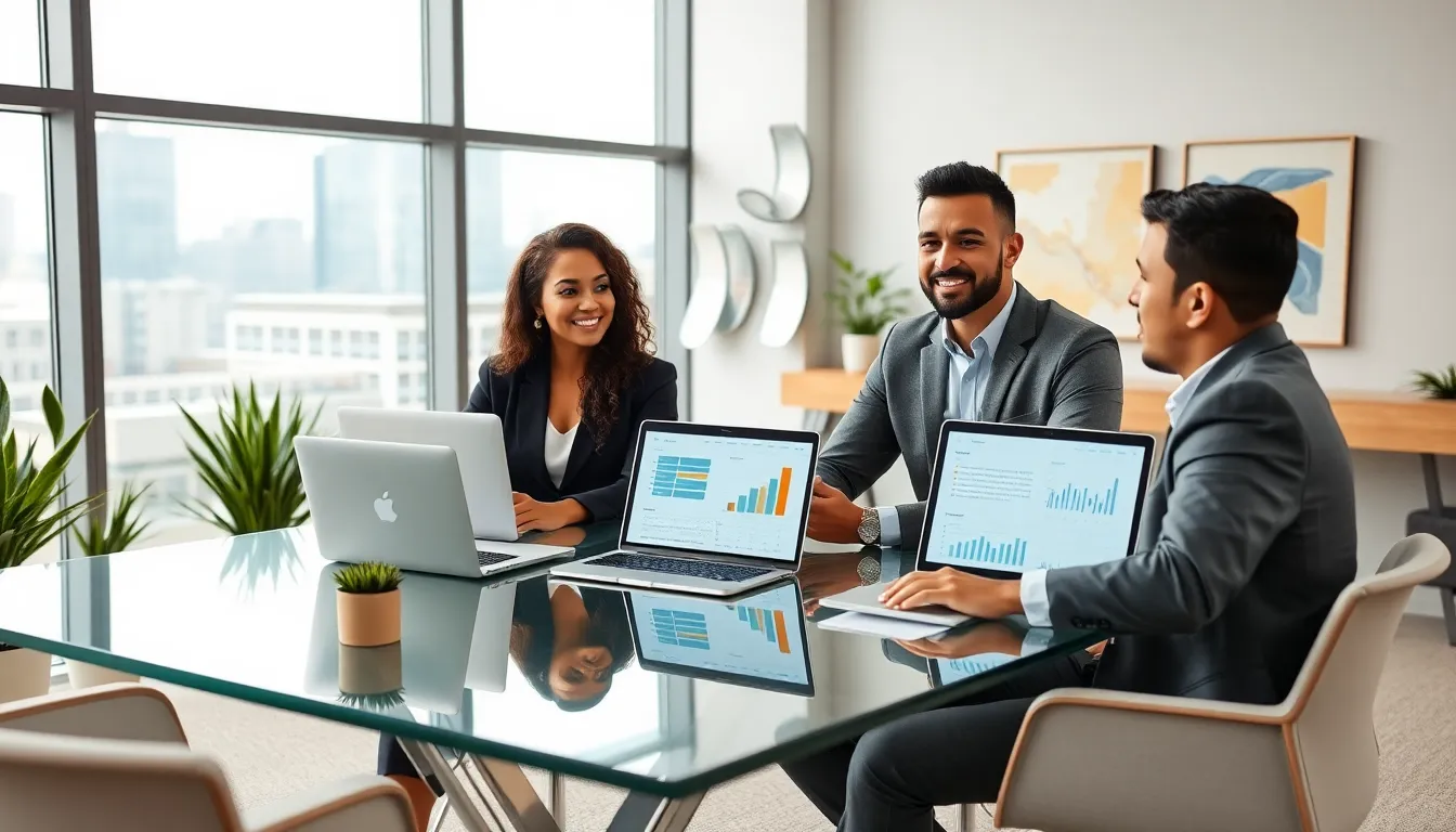 diverse team discussing investment property loans in a modern office.