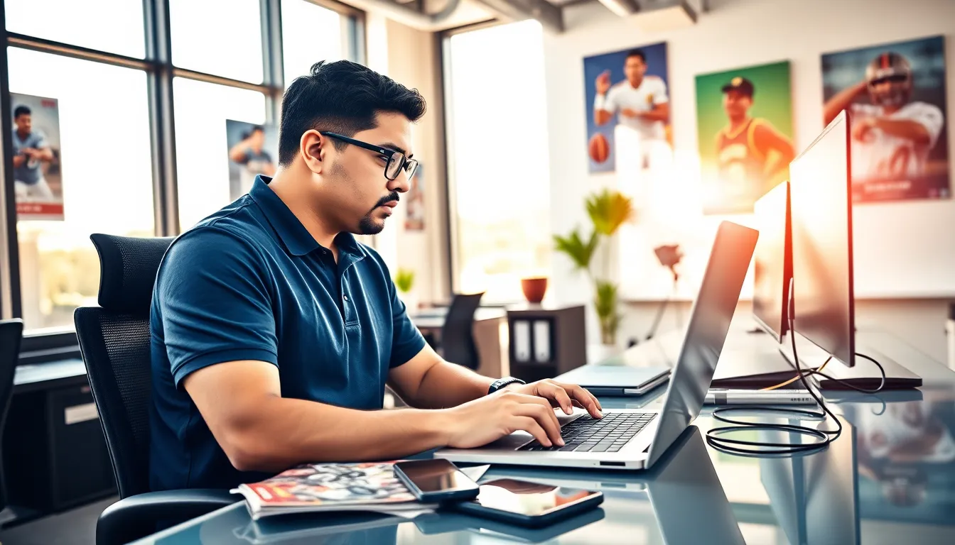 Jimmy Dominguez working at his desk in a sports newsroom.