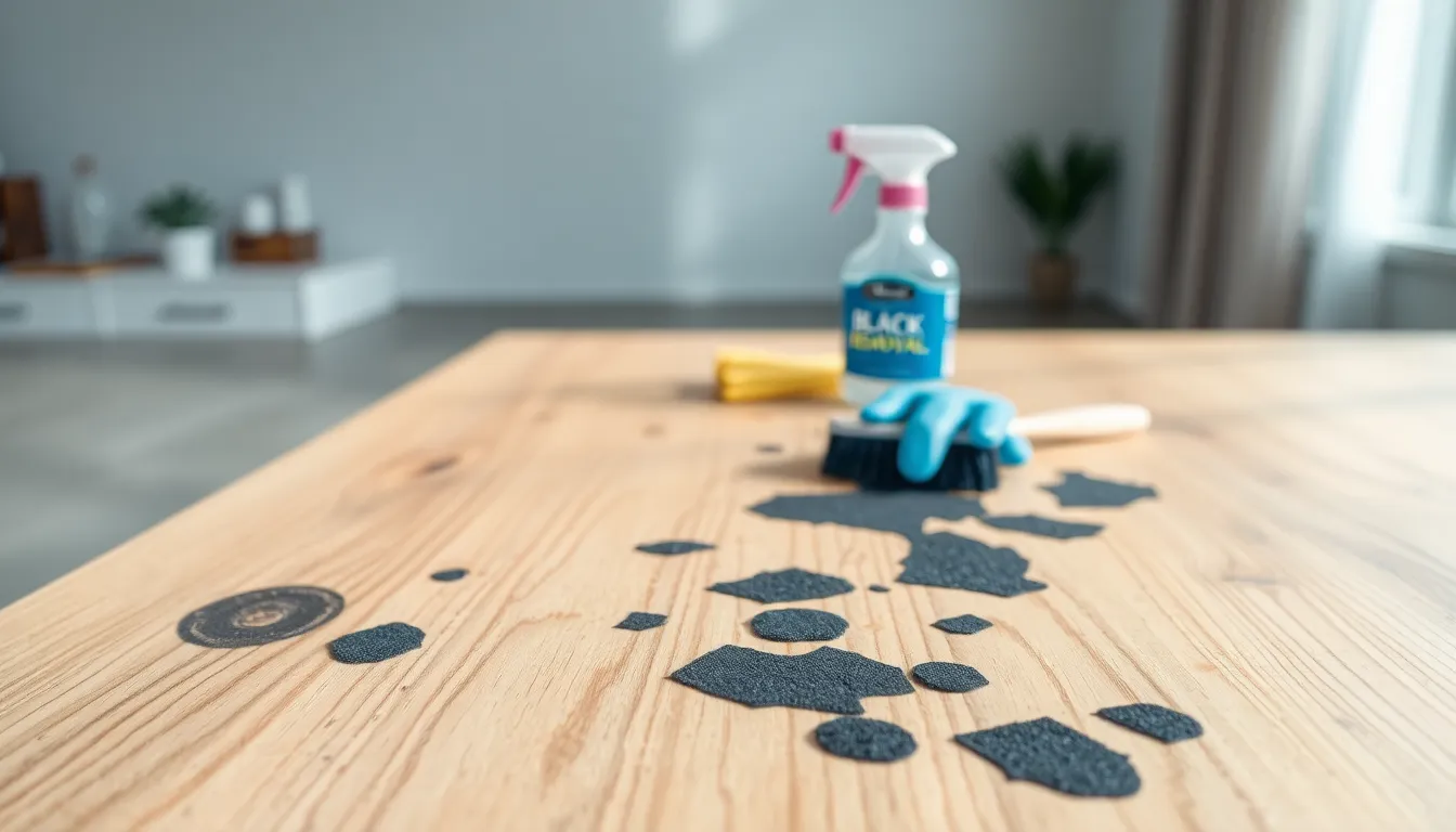 wood surface affected by black mold in a modern workspace.