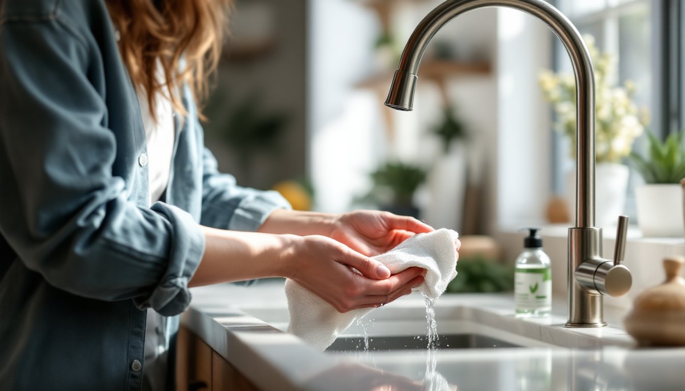 Hands rinsing a minor scrape under lukewarm running water in a bright kitchen.
