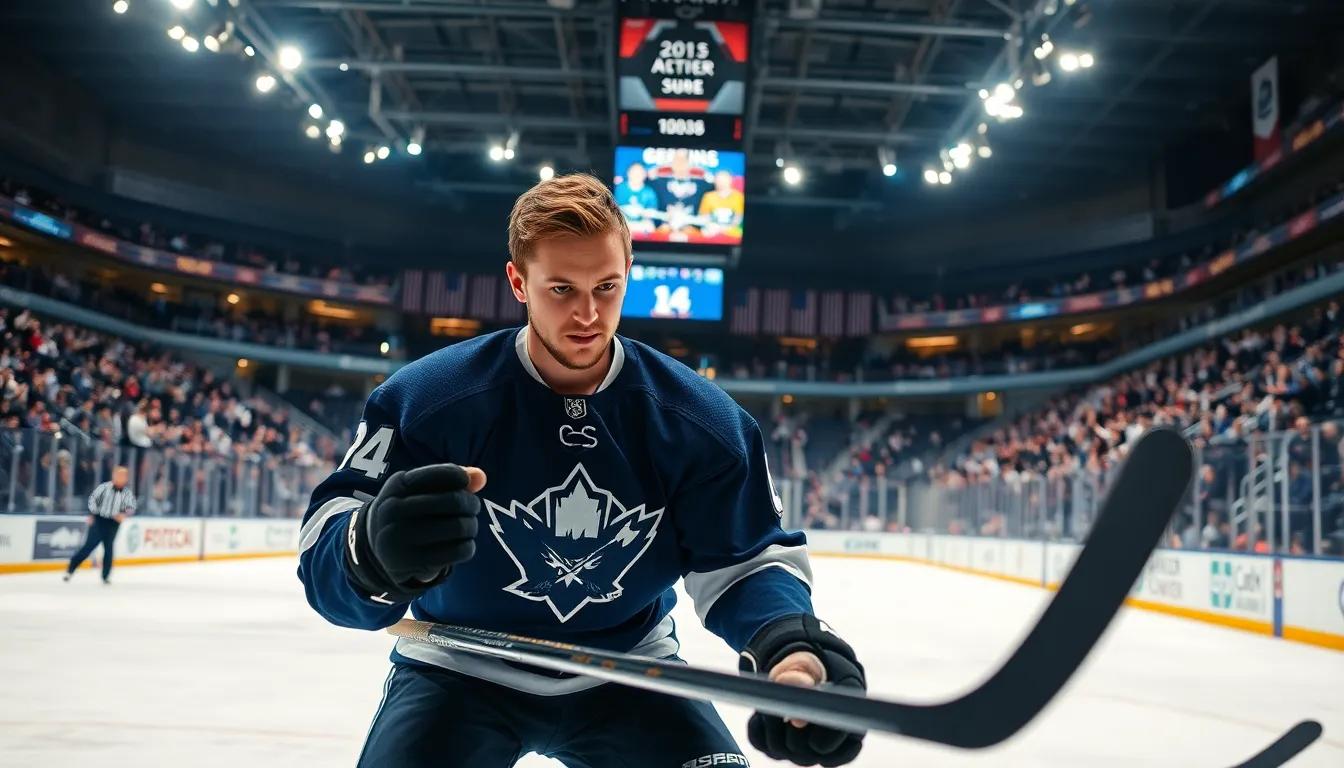 a hockey player fiercely battling for the puck in a crowded arena.