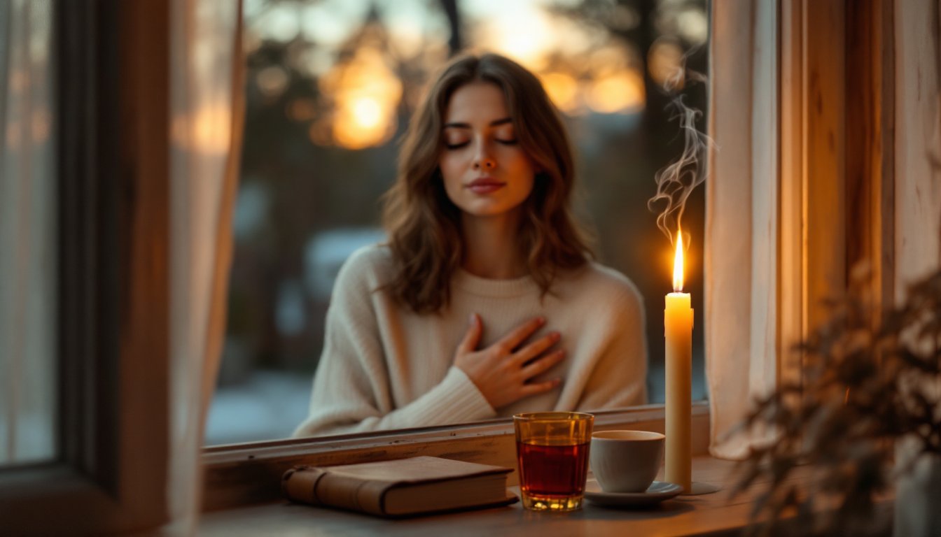 A woman breathing calmly beside a steady candle flame at dusk.