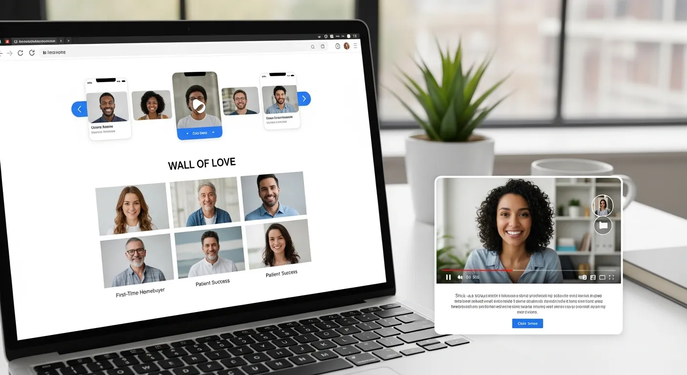 Laptop screen showing carousel, grid, and sticky video testimonial widgets on a website.