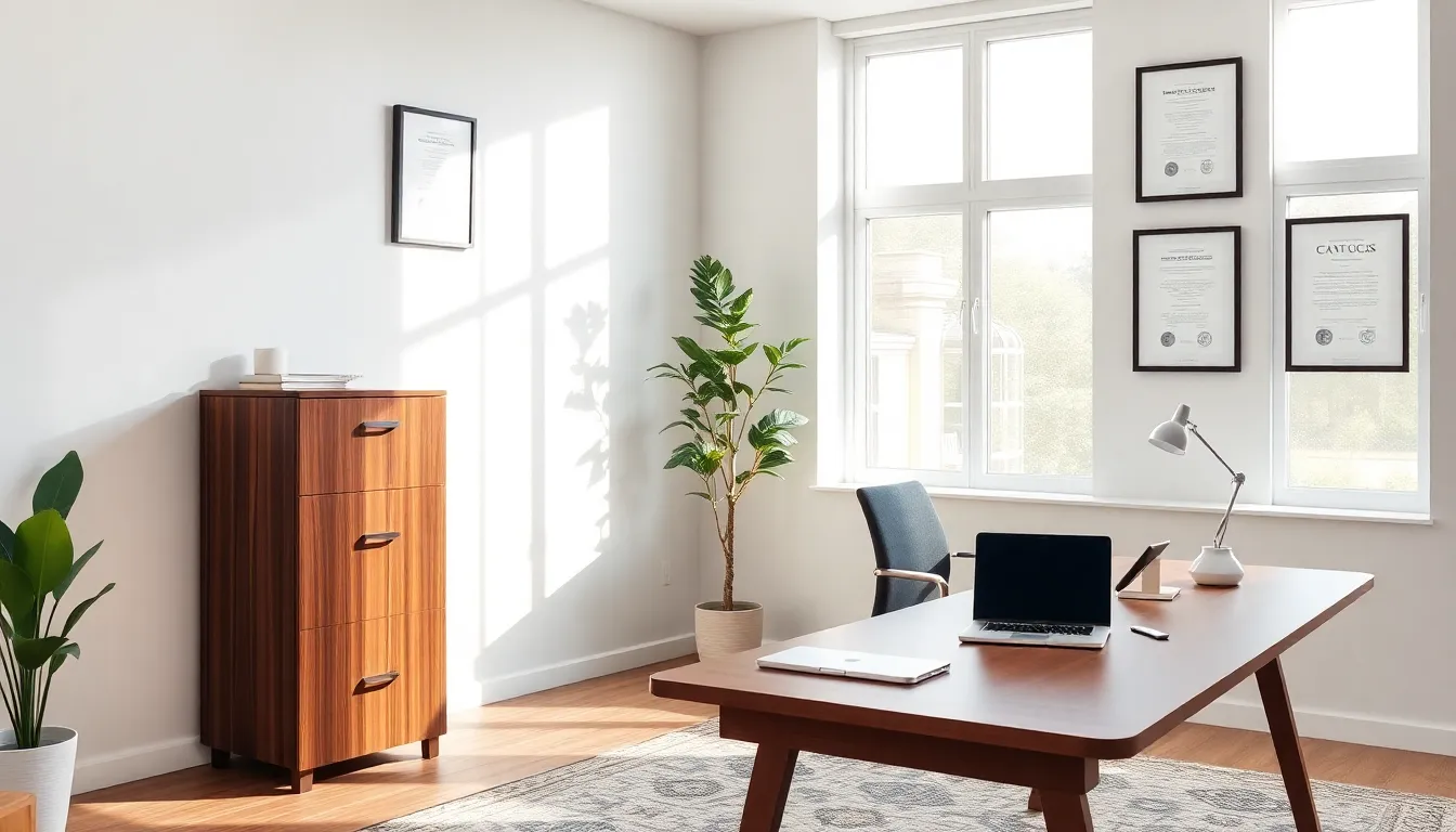 modern home office with a stylish file cabinet and organized desk.