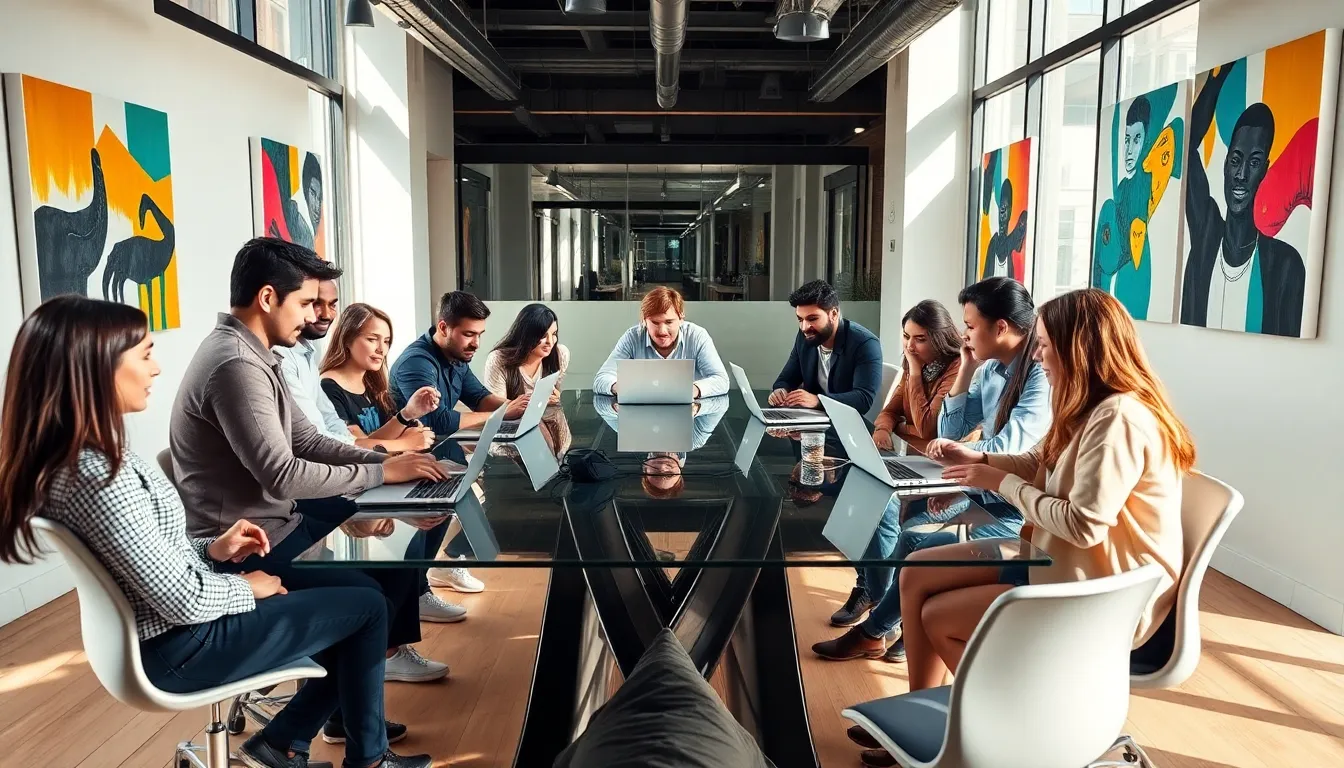 diverse team brainstorming in a modern office.
