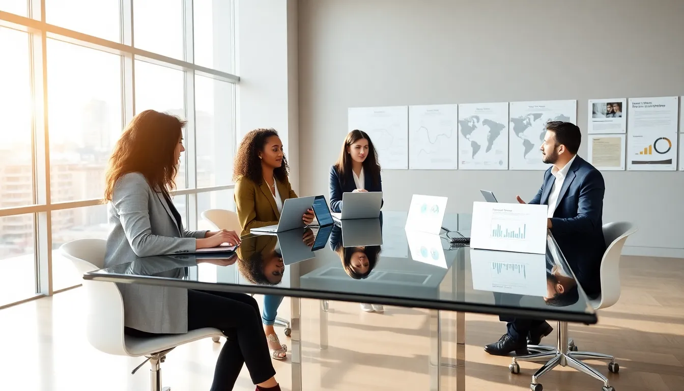 diverse professionals discussing cnjhujv in a modern office.