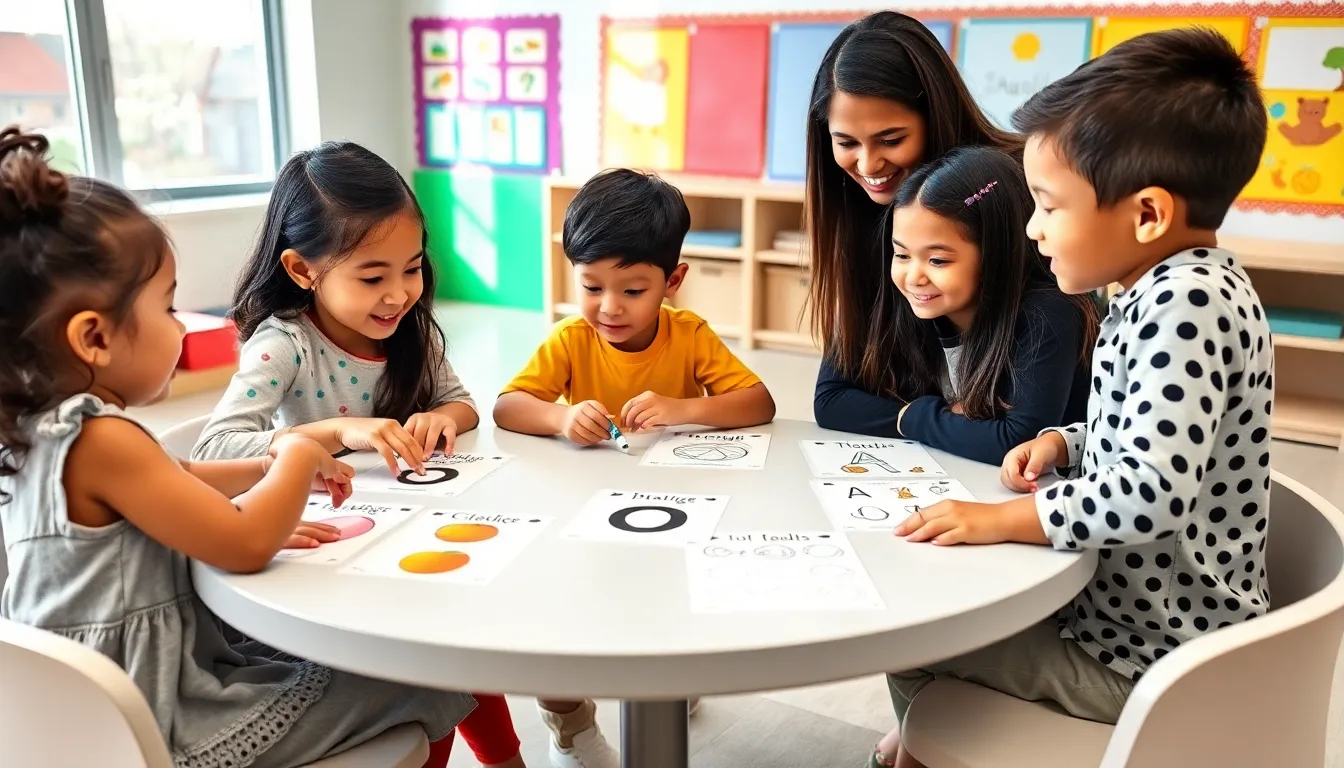 diverse preschool children engaging with letter 'O' worksheets at a colorful table.