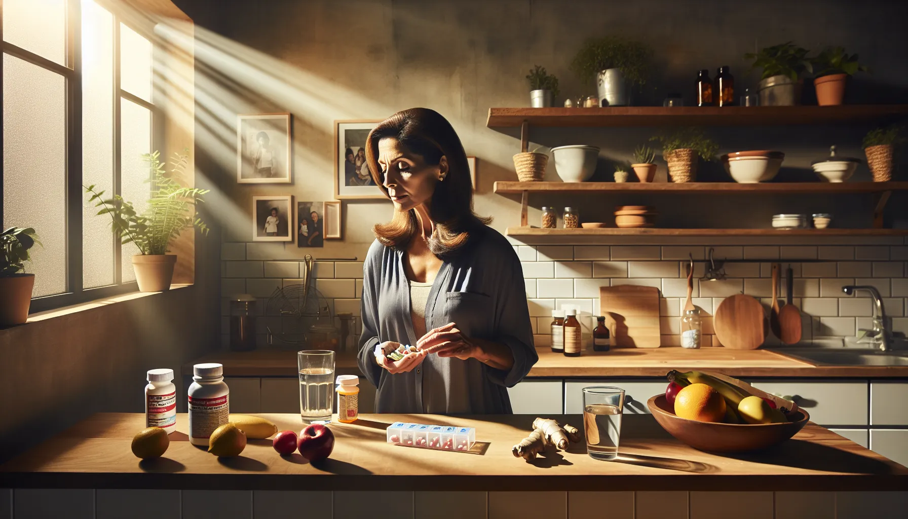 a woman comparing ibuprofen and Tylenol in a sunny kitchen.