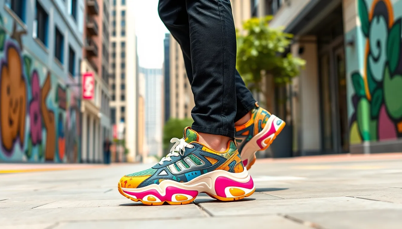 young adult showcasing trendy shoes in an urban environment.