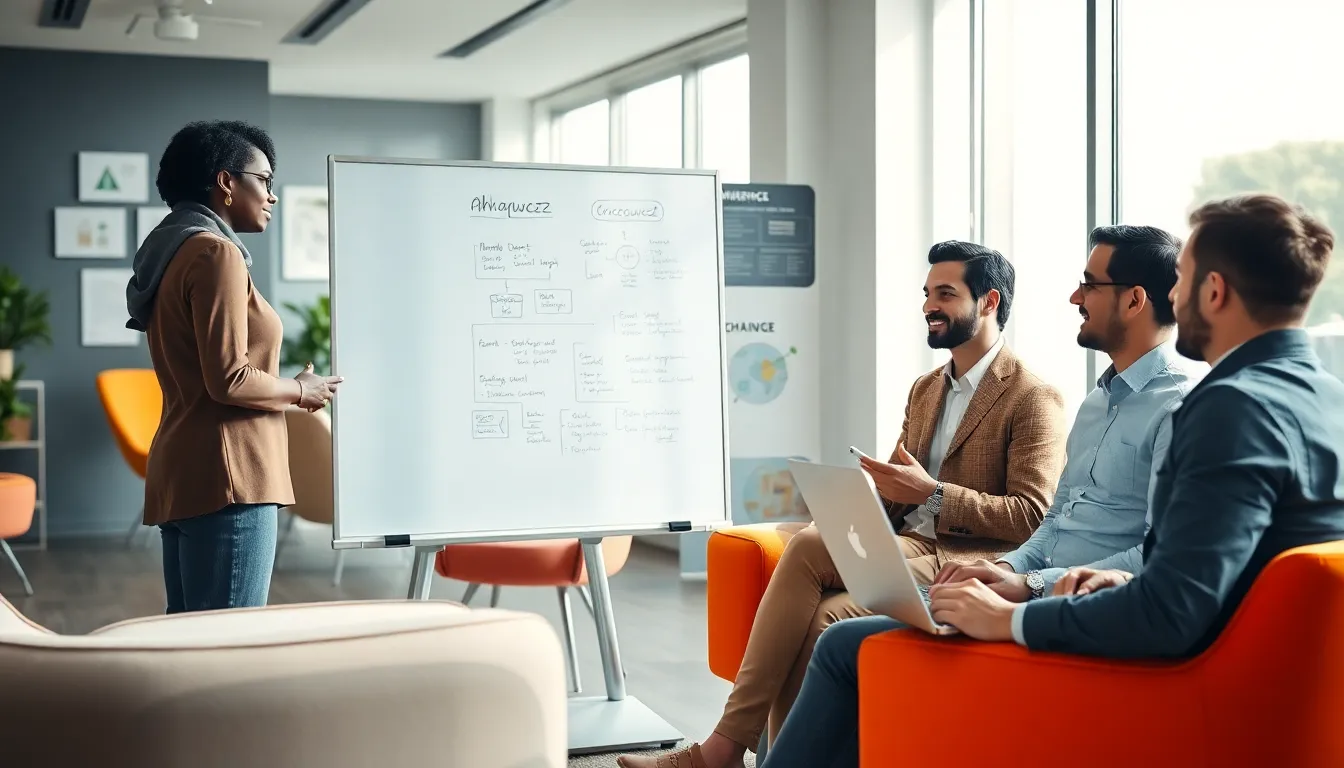 diverse professionals brainstorming in a modern office setting.