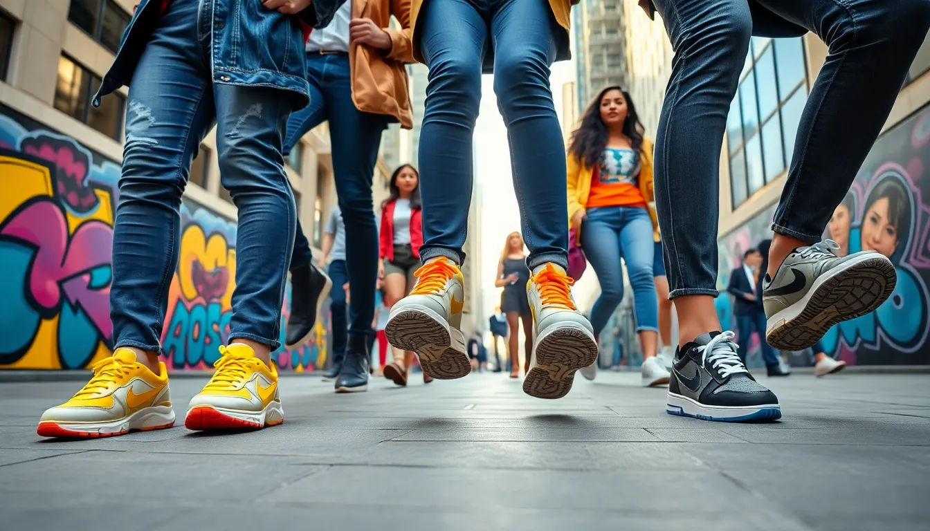 diverse group showcasing trendsetting shoes in a vibrant urban setting.