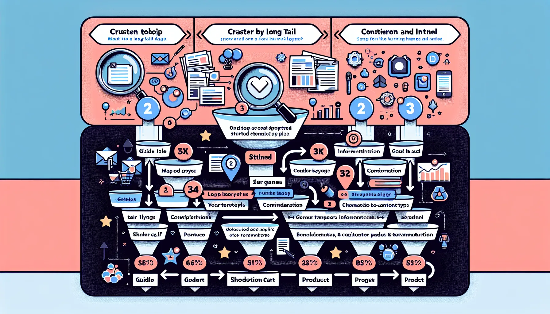 Process diagram showing clustering, funnel mapping, and site structure for long-tail keywords.